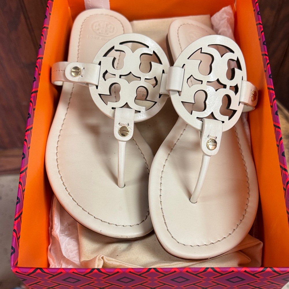 Tory Burch White Leather Miller Logo Thong Sandals